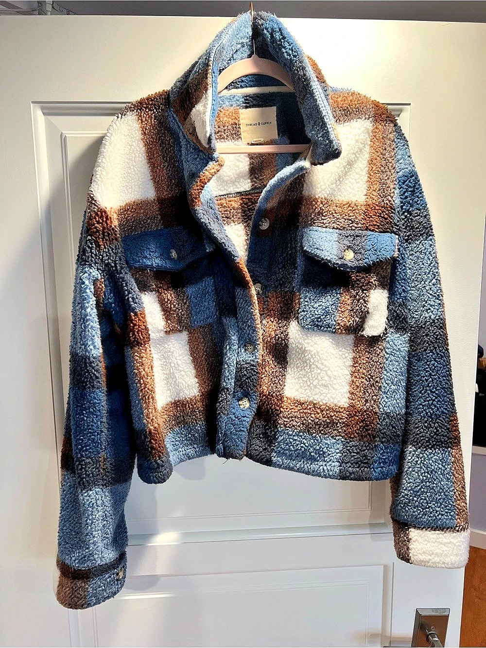 Thread & Supply Plaid Sherpa Shacket Teddy Jacket Blue & Brown XL